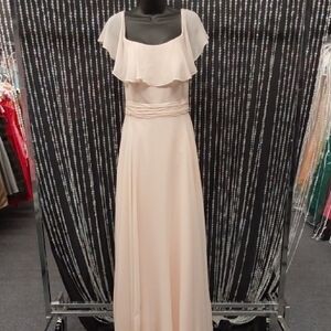 Blush Chiffon Off the Shoulder Dress with Ruffle Detail